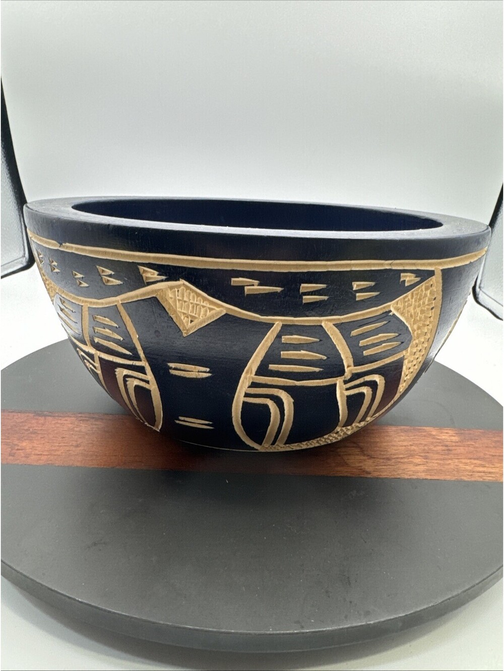 African Hand Carved Blue Wooden Decorative Bowl Elephant Giraffe Unique